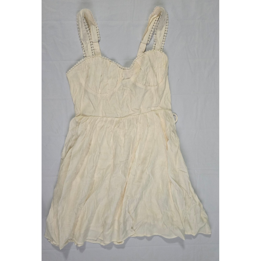 Forever 21 Vanilla Mini Dress Lace Up Back Pom Pom Trim Cream Size L NWT - Picture 2 of 16